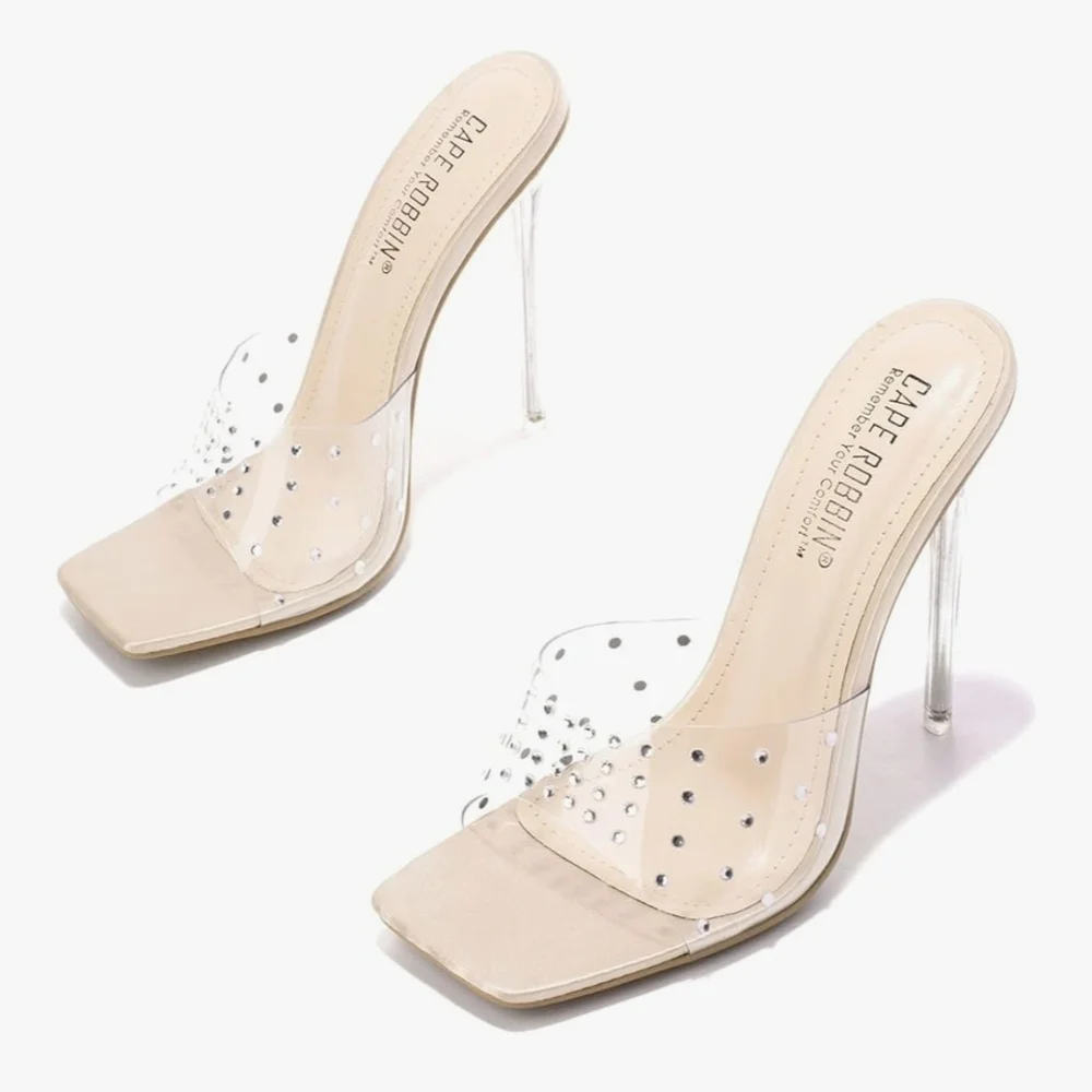Brisa By Cape Robin Open Toe Transparent Stilettos With Rhinestones- NWOB